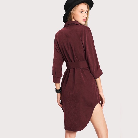 Burgundy Tie Waist Shirttail Hem High Low Shirt Dress - Picture 2 of 7